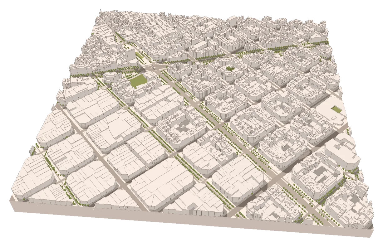 Barcelona: Eixample: the chamfered grid with its courtyards along Passeig de Gràcia.