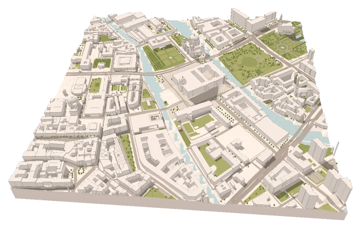 Berlin: Museumsinsel: museums, the cathedral and the Spree arms around the island.