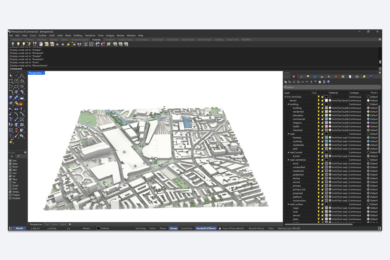 The context open in Rhino 8, with the ArchiTool layer tree: terrain, buildings by use, roads by class