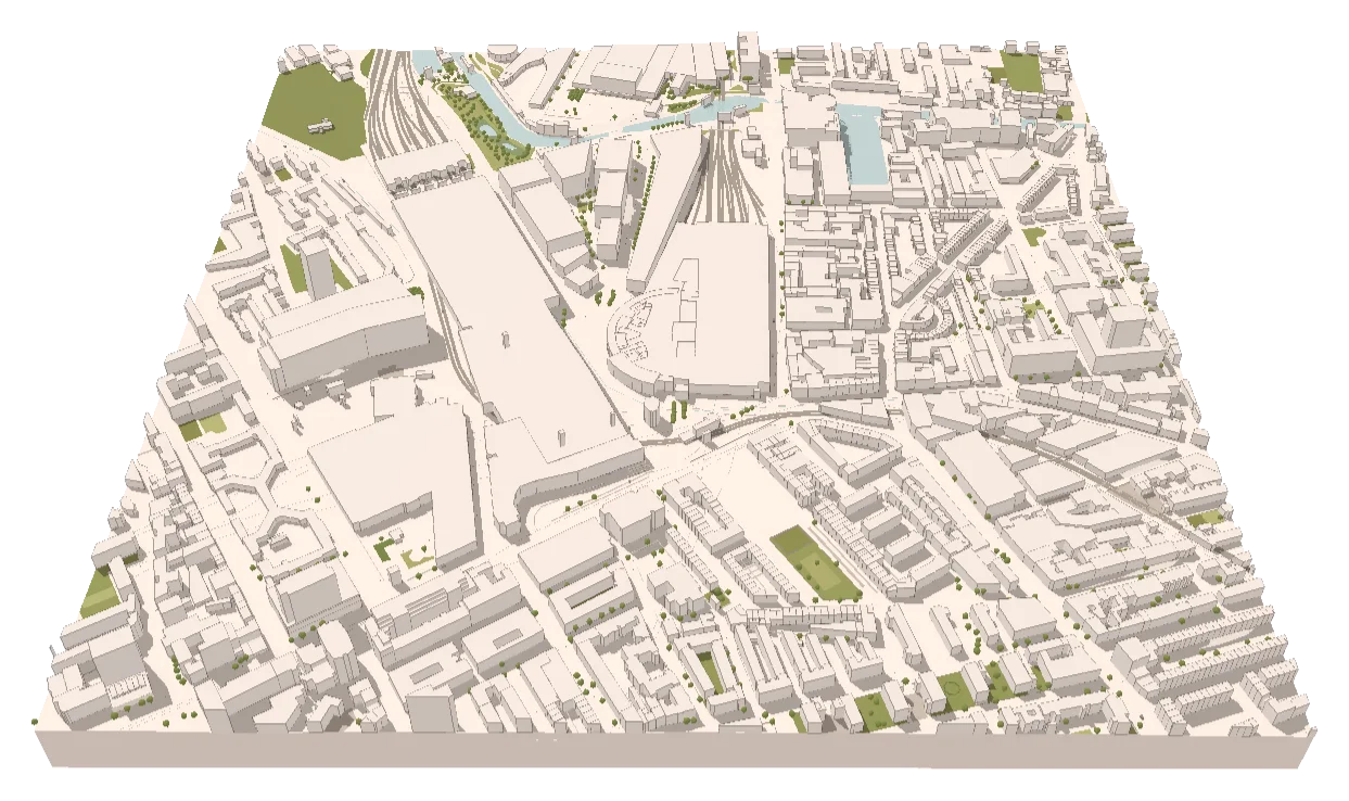 London: King's Cross: station sheds, the canal and the new blocks north of it.
