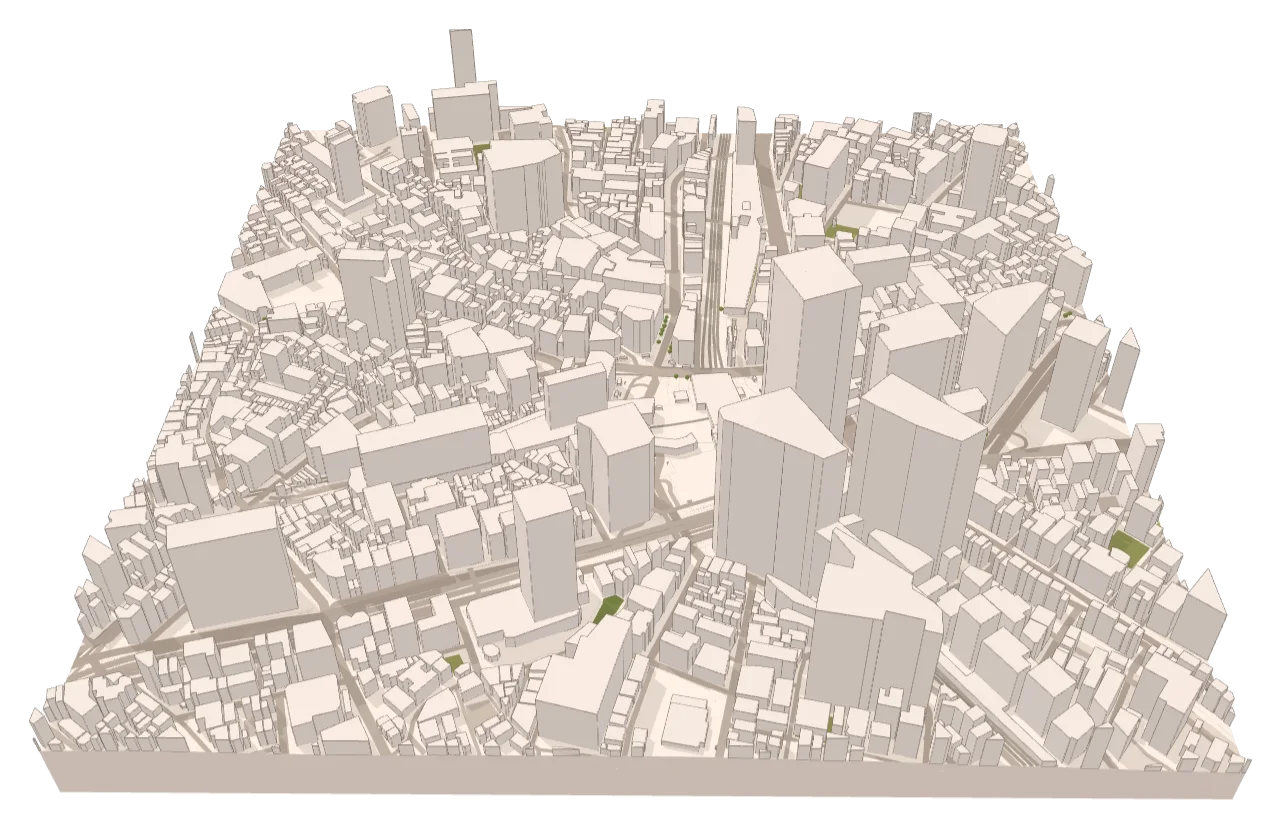 Tokyo: Shibuya: the towers around the station against the low-rise grain behind.